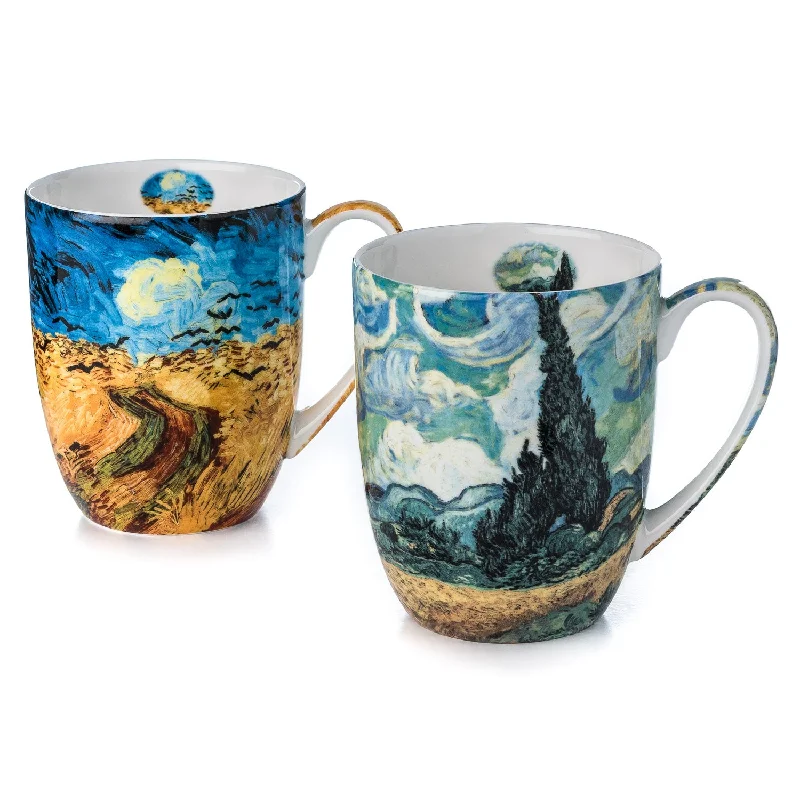 Portable bamboo water mugs-Van Gogh Wheatfields Mug Pair