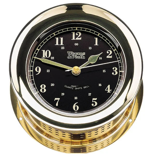 Sleek circular wall clocks-Weems & Plath Atlantis Premiere Quartz Ship's Bell Clock, Black Dial