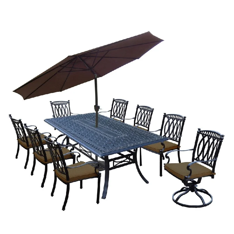 Vintage polka dot pillows-11 Pc Aluminum Dining Set with Table, 6 Stackable Chairs, 2 Swivel Rockers, Cushions, 9ft. Tilt & Crank Umbrella and Stand