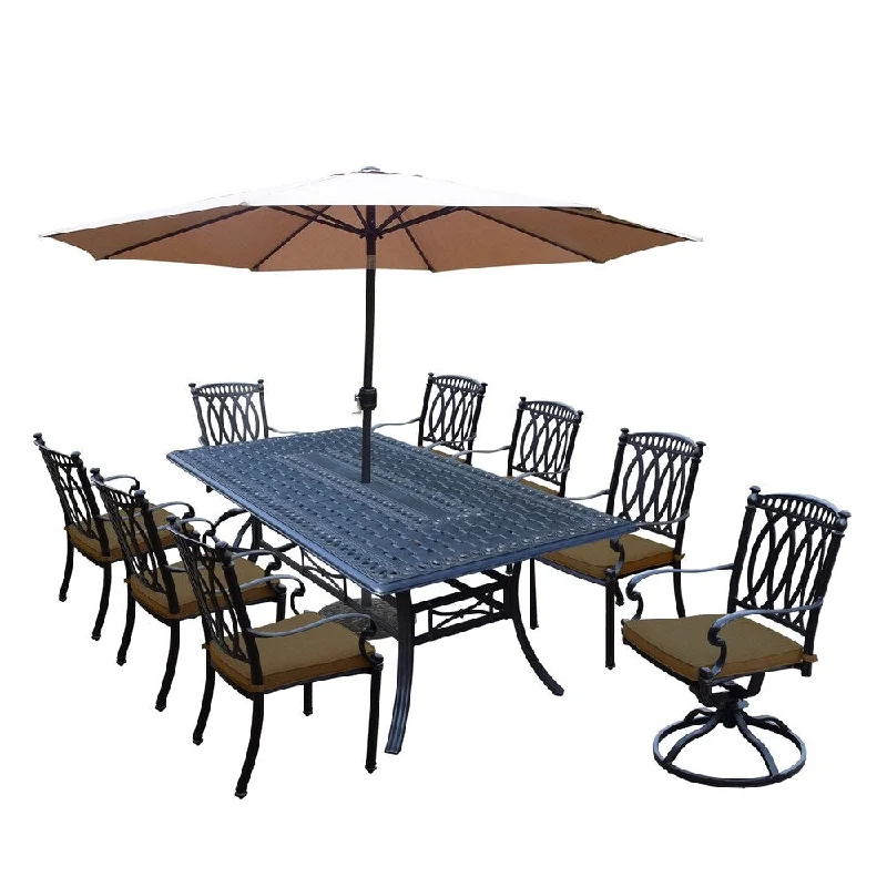 Vintage checkered table runners-11 Piece Aluminum Dining Set with Table, 6 Stackable Chairs, 2 Swivel Rockers, Cushions, 9 ft Tilt & Crank Umbrella and Stand