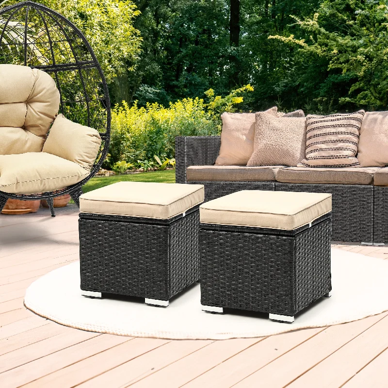 Modern circular table clocks-2-Piece Patio Wicker Storage Ottoman with Cushions - 15.4"L x 15.4"W x 35.5"H