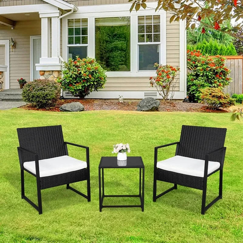 Minimalist rattan wall art-3PCS Patio Rattan Furniture Set Chairs with Cushions and Coffee Table