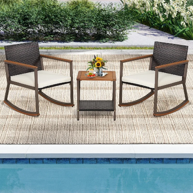 Elegant stone table coasters-3PCS Patio Rattan Rocking Chair Bistro Set Armrest Cushion Table