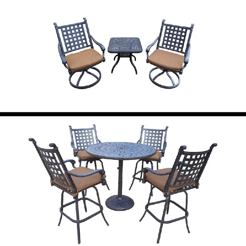 Sleek black metal statues-5 Pc Bar Set and 3 Pc Swivel Rocker Chat Set and Sunbrella Cushions