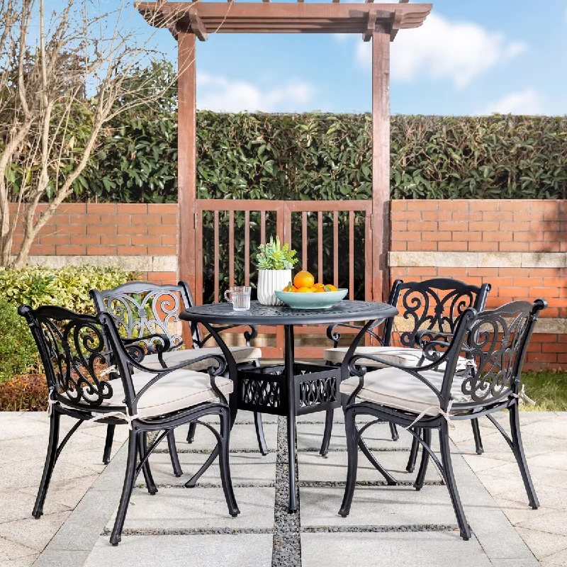 Modern stainless steel statues-5-Piece Outdoor Cast Aluminium Dining Set with Olefin Fabric Cushions by Elm Plus