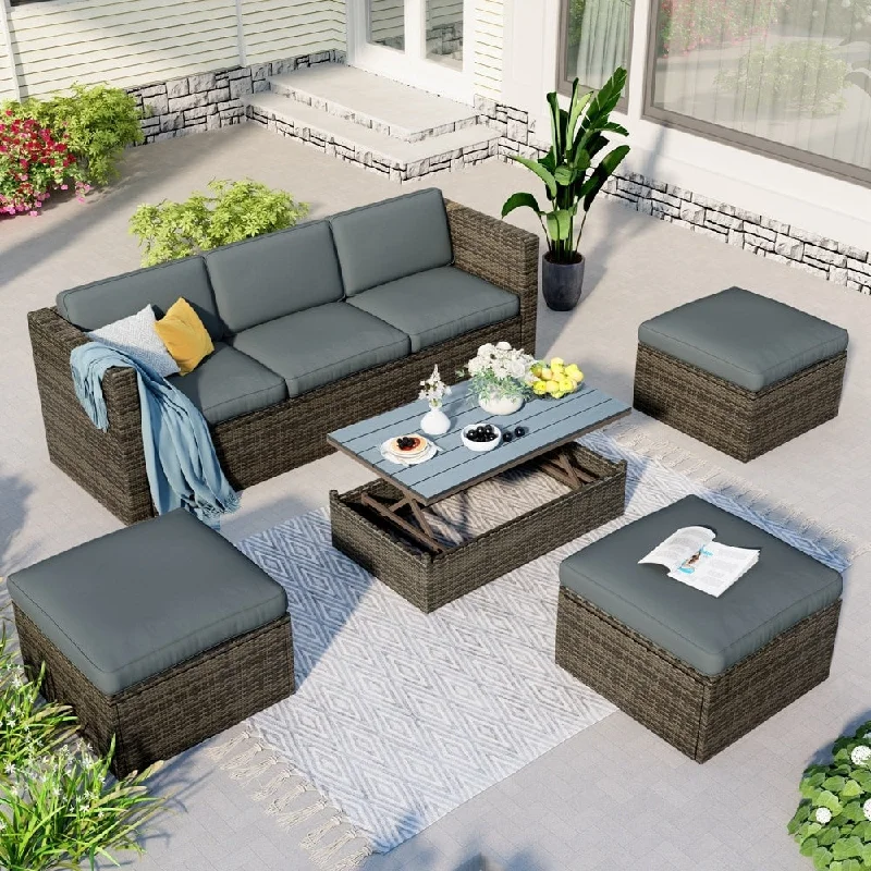 Modern stainless steel statues-5-Piece Patio Wicker Sofa with Adustable Backrest, Cushions, Ottomans and Lift Top Coffee Table