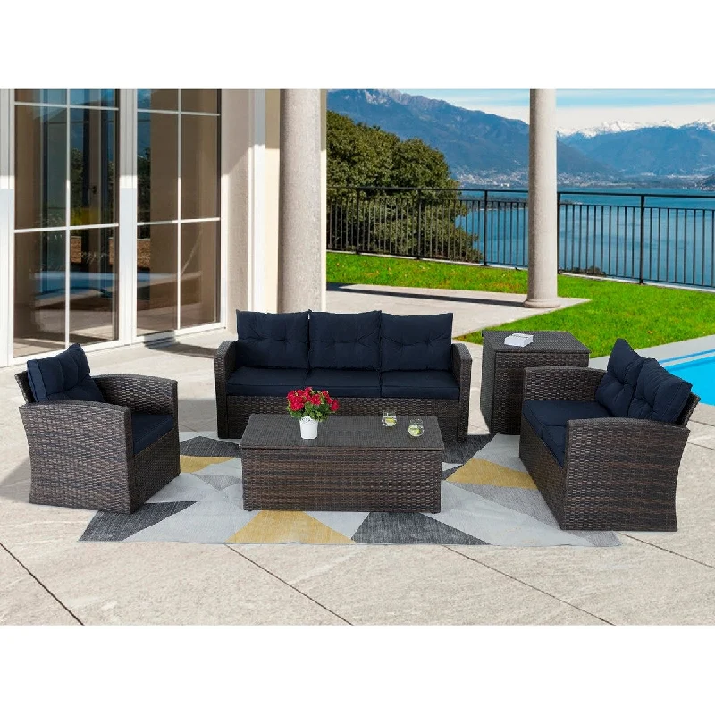 Retro bamboo throw pillows-5-Piece Wicker Outdoor Dining Set with Washed Blue Cushion