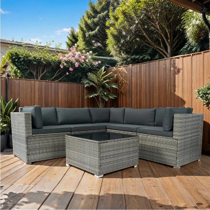 Vintage checkered lanterns-6 Pieces PE Rattan sectional Outdoor Furniture Cushioned Sofa set Grey Wicker, Dark Grey Cushion