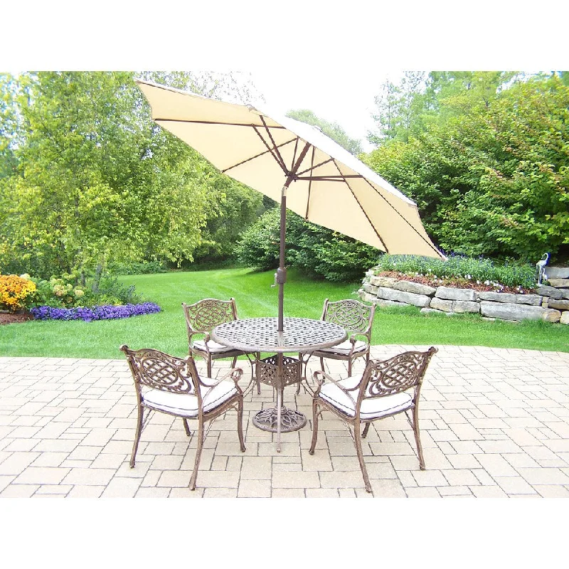 Luxury linen table lamps-7 pc Outdoor Dining Set, Cushioned Chairs, 9 ft Umbrella and stand