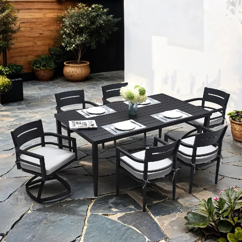 Stylish rattan accent baskets-7-Piece Modern Dining Set, including 4 Dining Chairs & 2 Swivel Rockers Sunbrella Fabric Cushioned and Rectangle Dining Table