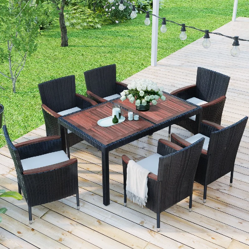 Luxury silk throw blankets-7-Piece Outdoor Patio Dining Set,PE Rattan Dining Table,Chairs Set,Acacia Wood Tabletop,Stackable Armrest Chairs with Cushions