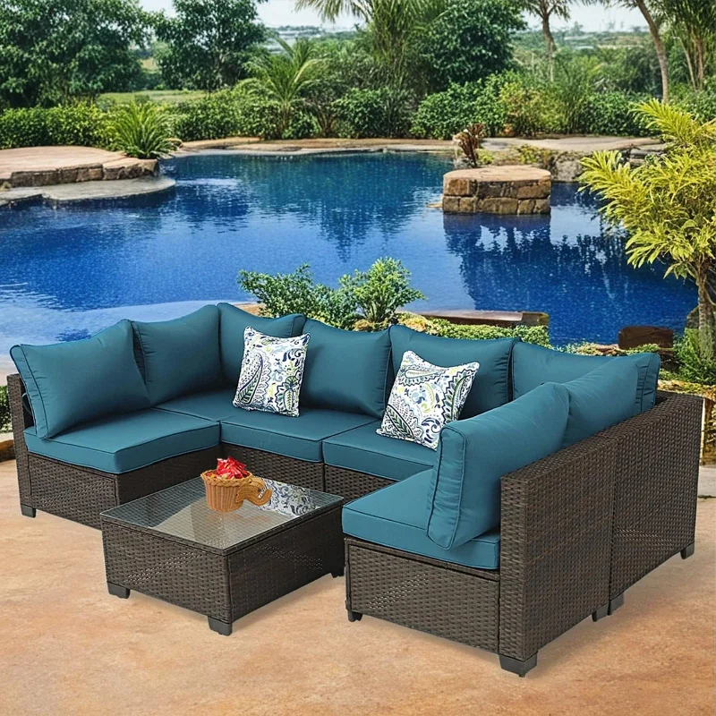 Retro woven wall tapestries-7-Piece Wicker Outdoor Sectional Set with Glass Table and Cushions