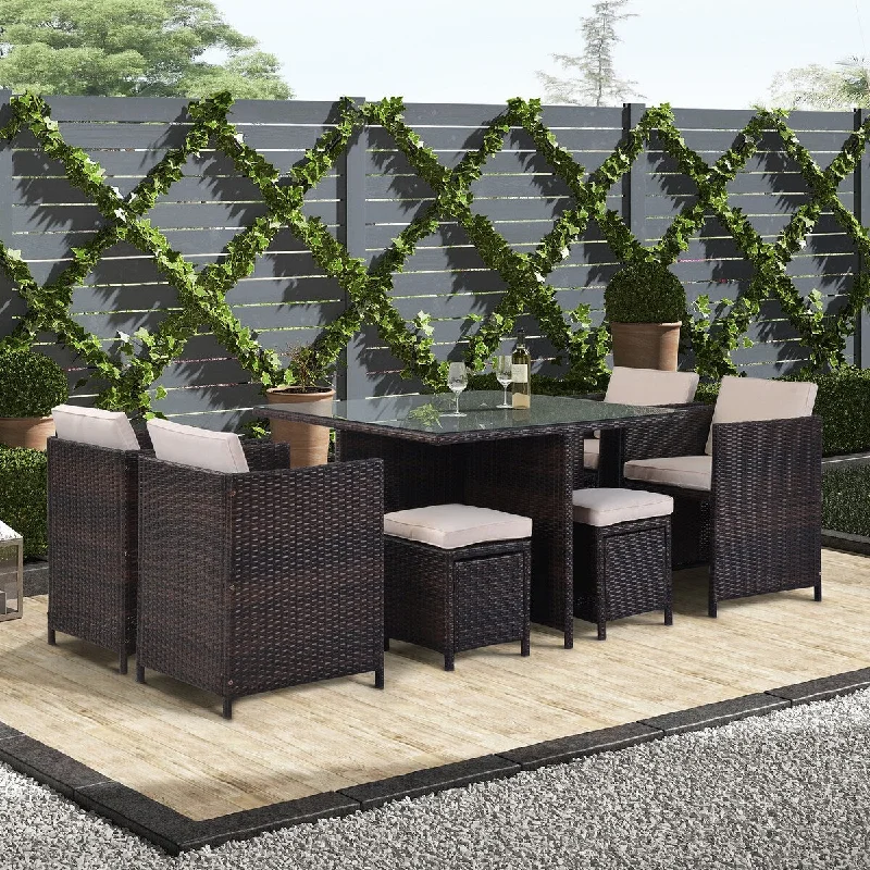 Bold green table runners-9 Piece Rattan Conversation Set with Cushions, Patio Rattan Dining Set