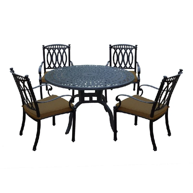 Floral tapestry throw pillows-Aluminum 5 Piece Dining Set with 48in. Round Dining Table and 4 Fully Welded Cast Aluminum Sunbrella cushioned Dining Chairs