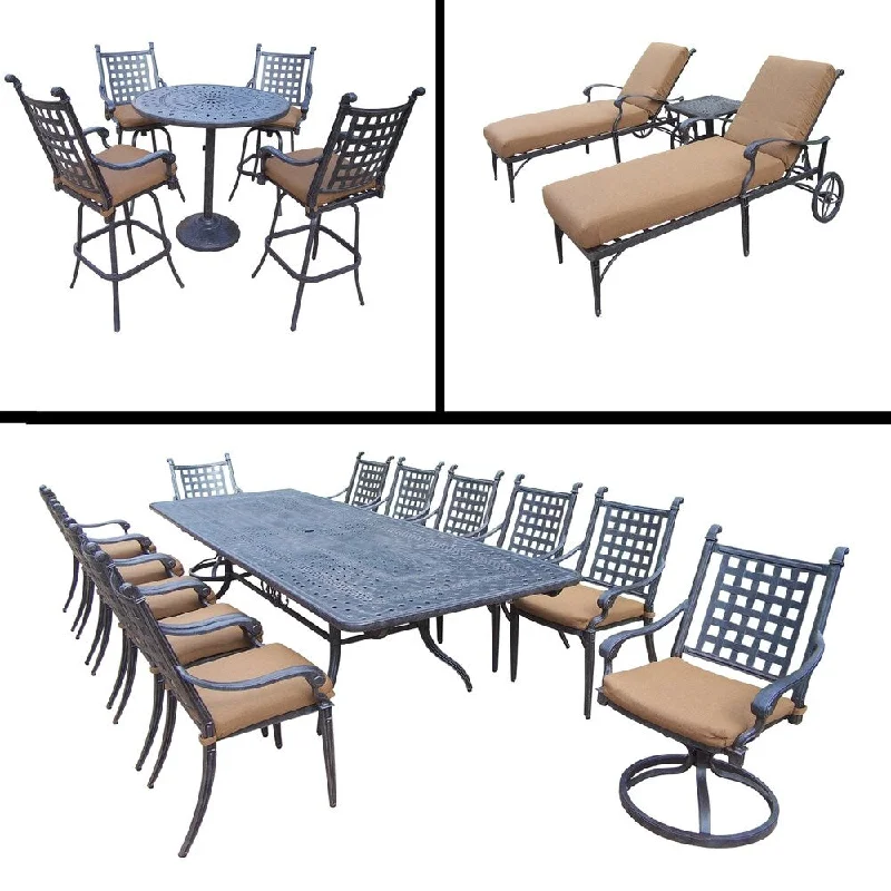 Stylish bamboo storage baskets-Belmont Premier Sunbrella Cushioned Collection Set includes 13 Pc Dining Set, 5 Pc Bar Set and 3 Pc Chaise Lounge Set