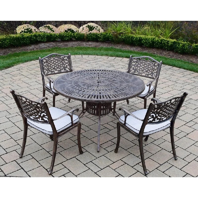 Rustic wooden accent shelves-Cast Aluminum 5 pc Dining Set with Round Table, and 4 Cushioned Chairs