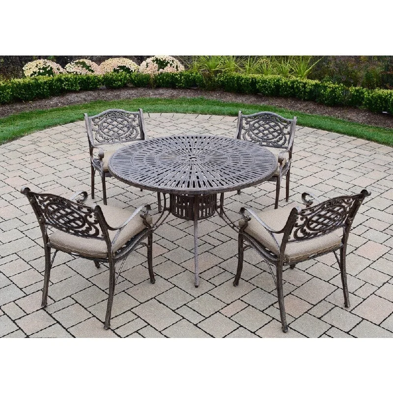 Retro bamboo throw pillows-Cast Aluminum 5-piece Dining Set, with Table, and 4 Cushioned Chairs