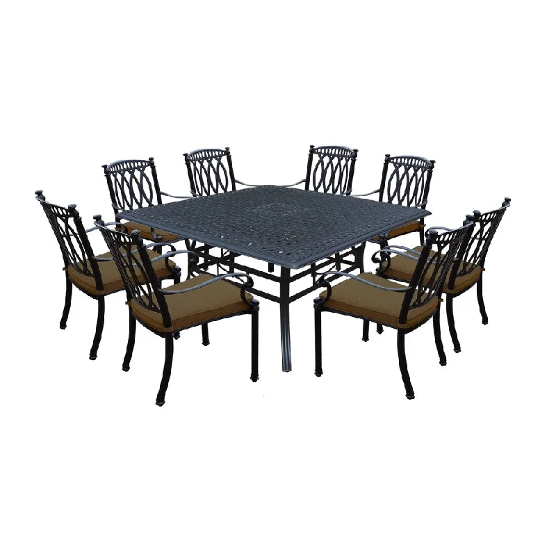 Luxury silver wall mirrors-Cast Aluminum 9 Piece Dining Set with 60-inch Square Table and 8 Stackable Completely Welded Sunbrella Cushioned Dining Chairs