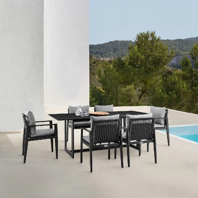 Stylish bamboo wall bins-Cayman Outdoor Patio 7-Piece Dining Table Set in Aluminum with Grey Cushions