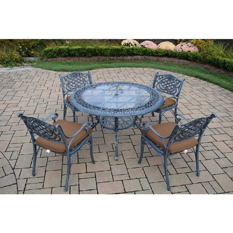 Rustic wooden candle trays-Dakota Verdi Grey Cast Aluminum Sunbrella Cushioned Dining Set