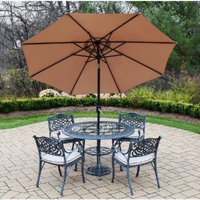 Designer glass table vases-Dining Set with Round Table and 4 Cushioned Chairs, Umbrella and Stand