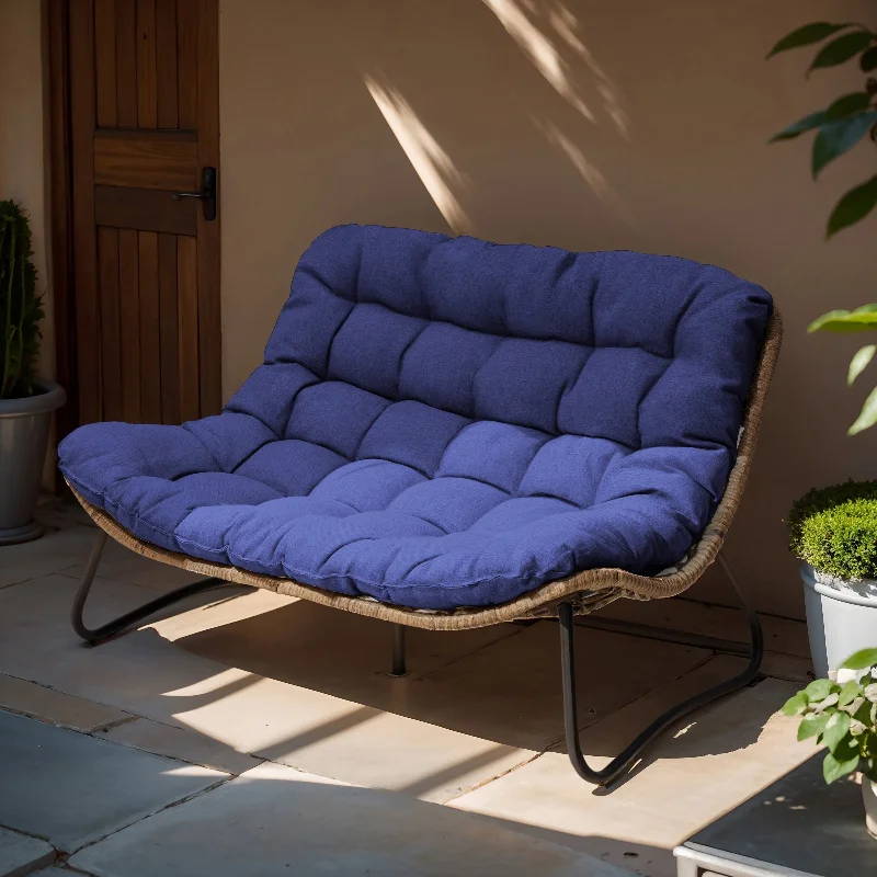 Navy Blue cushion, Brown rattan, Black frame