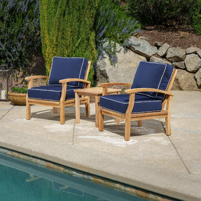 Cozy wool accent rugs-Indonesian Teak 3-Piece Club Chair Set with Sunbrella Cushions