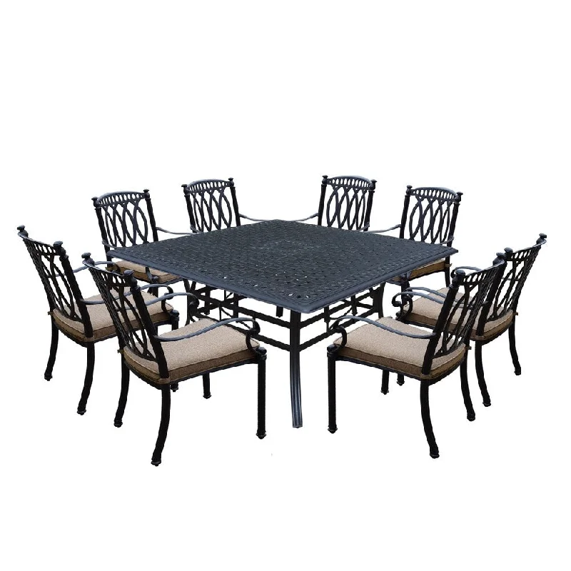 Cute kids’ animal clocks-Milan Cast Aluminum 9 Piece Dining Set with Square Table and 8 Completely Welded Stackable Cushioned Dining Chairs