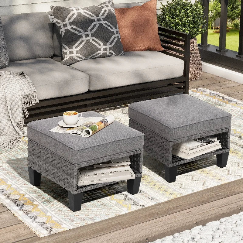 Hand-painted wooden figurines-Outdoor Patio Square Rattan Storage Ottomans Set (Set of 2) with Removeable Cushion, as Side Table Footstool