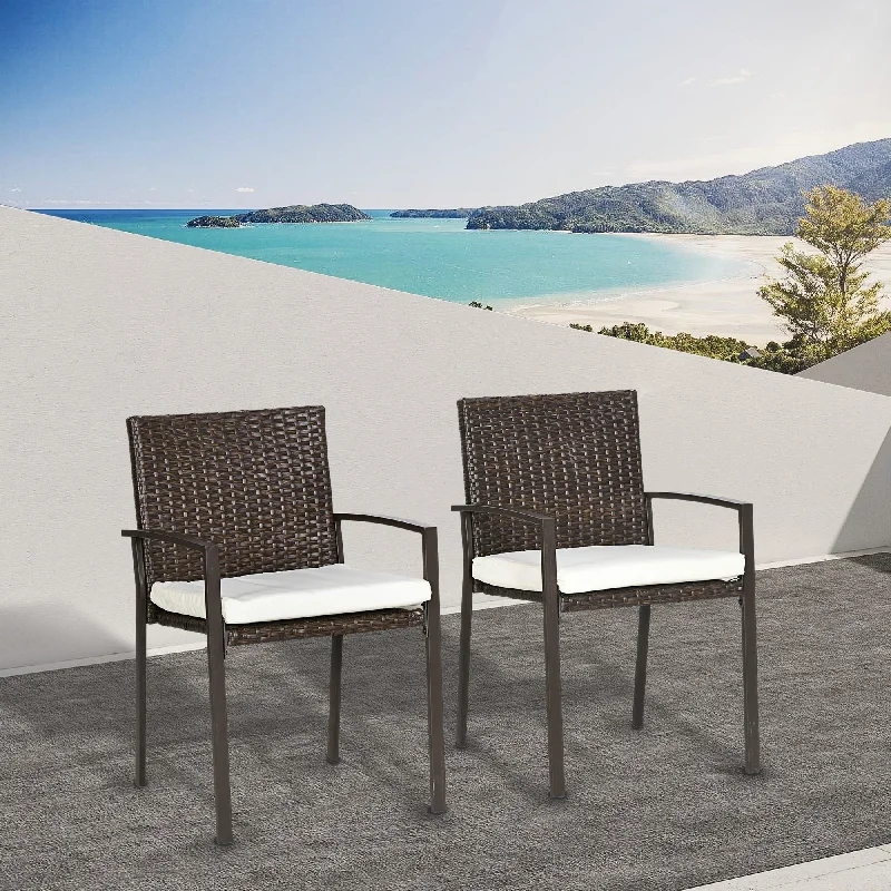 Modern minimalist sculptures-Outsunny 2 Piece PE Rattan Outdoor Dining Chairs with Cushion, Patio Wicker Dining Chair Set with Backrest, Armrests for Patio