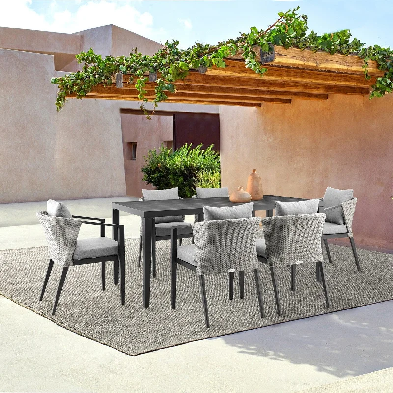 Designer glass chandeliers-Palma Outdoor Patio 7-Piece Dining Table Set in Aluminum and Wicker with Grey Cushions