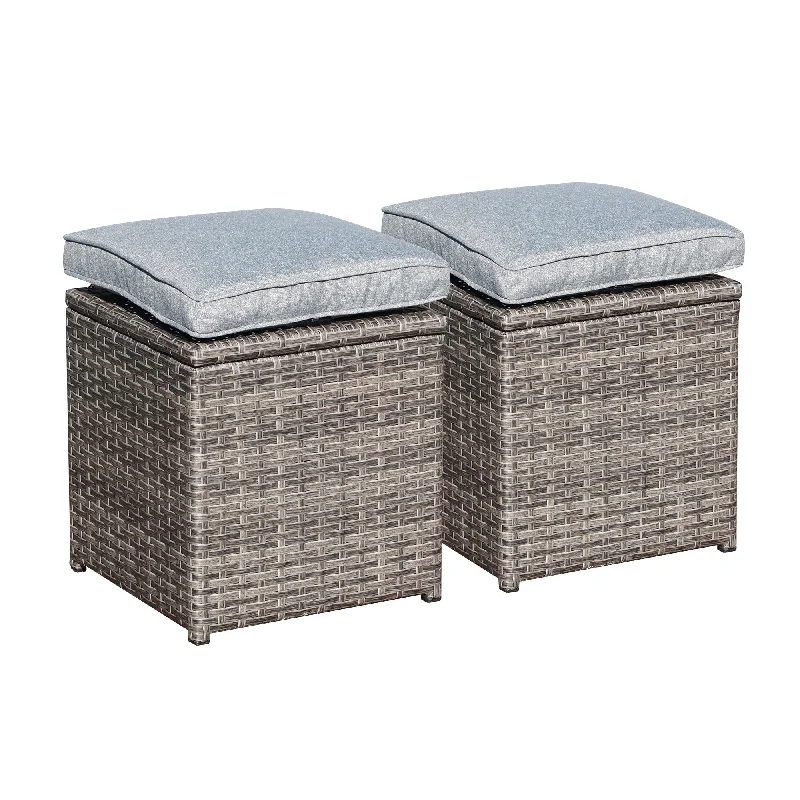 Cute dog-themed cushions-Patio Cushioned Wicker Ottoman Outdoor Rattan Stools (Set of 2)