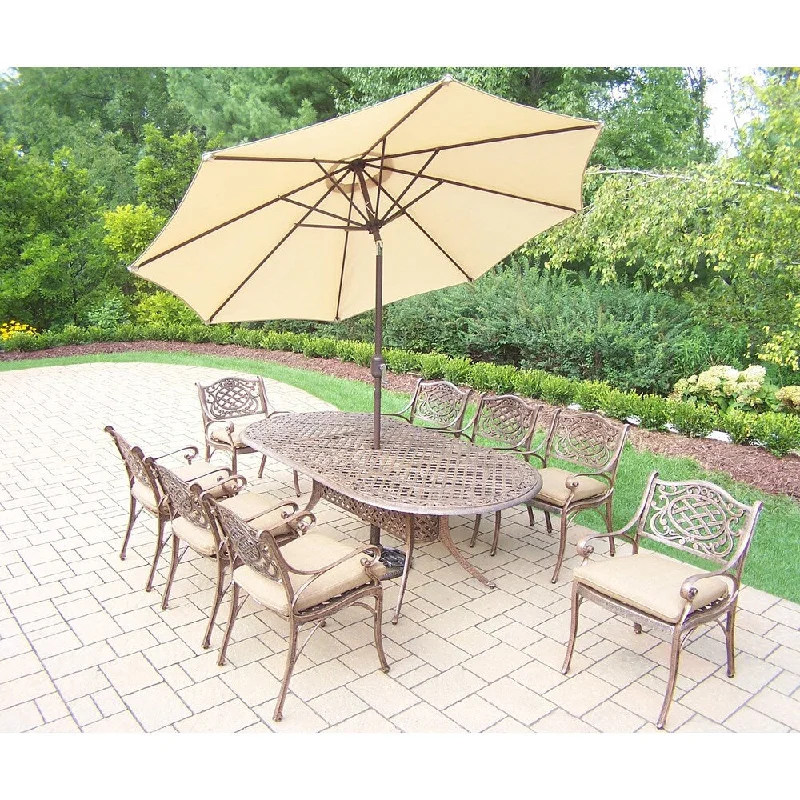 Cute dog-themed cushions-Patio Set with Table, 8 Cushioned Chairs, 9 ft Umbrella and Stand