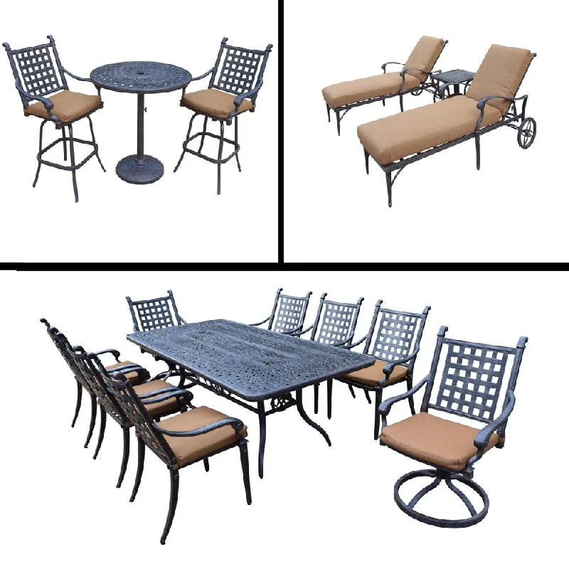 Elegant bronze plant pots-Premier Sunbrella Cushioned Set includes 3 Pc Bar Set, 9 Pc Dining Set with Rectangular Table and 3 Pc Chaise Lounge Set