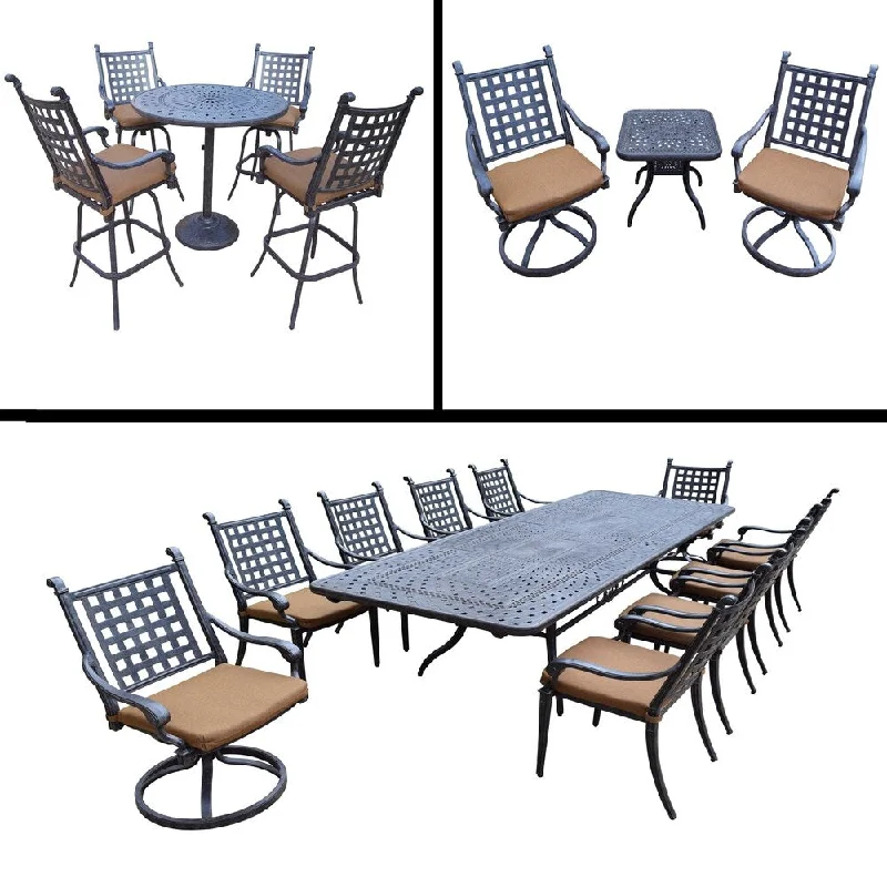 Rustic cotton accent pillows-Premier Sunbrella Cushioned Set includes 5 Pc Bar Set, 11 Pc Dining Set with Extendable Table and 3 Pc Swivel Rocker Chat Set