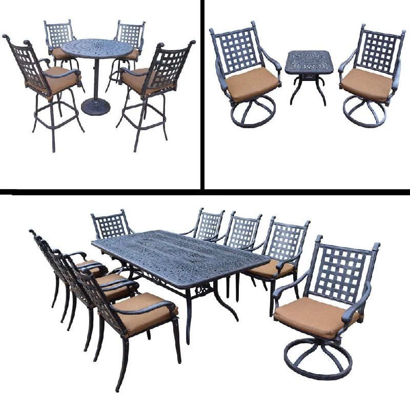 Stylish rattan wall tapestries-Premier Sunbrella Cushioned Set includes 5 Pc Bar Set, 9 Pc Dining Set with Rectangular Table and 3 Pc Swivel Rocker Chat Set