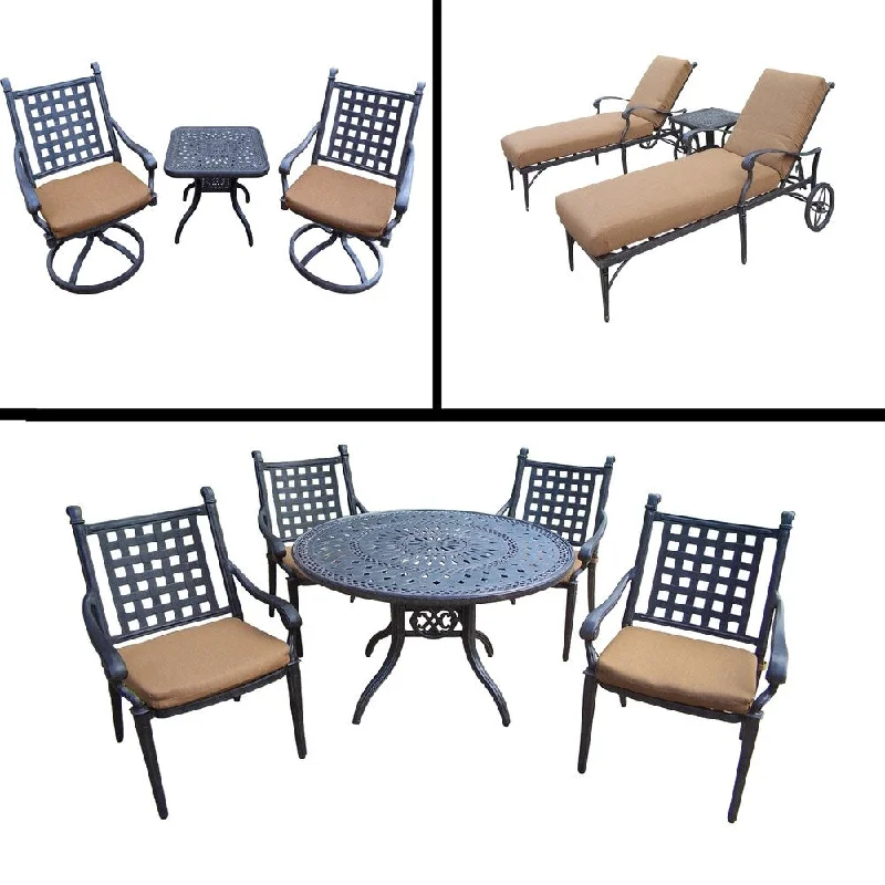 Minimalist rattan throw blankets-Premier Sunbrella Cushioned Set includes 5 Pc Dining Set, 3 Pc Chaise Lounge Set and 3 Pc Swivel Rocker Chat Set