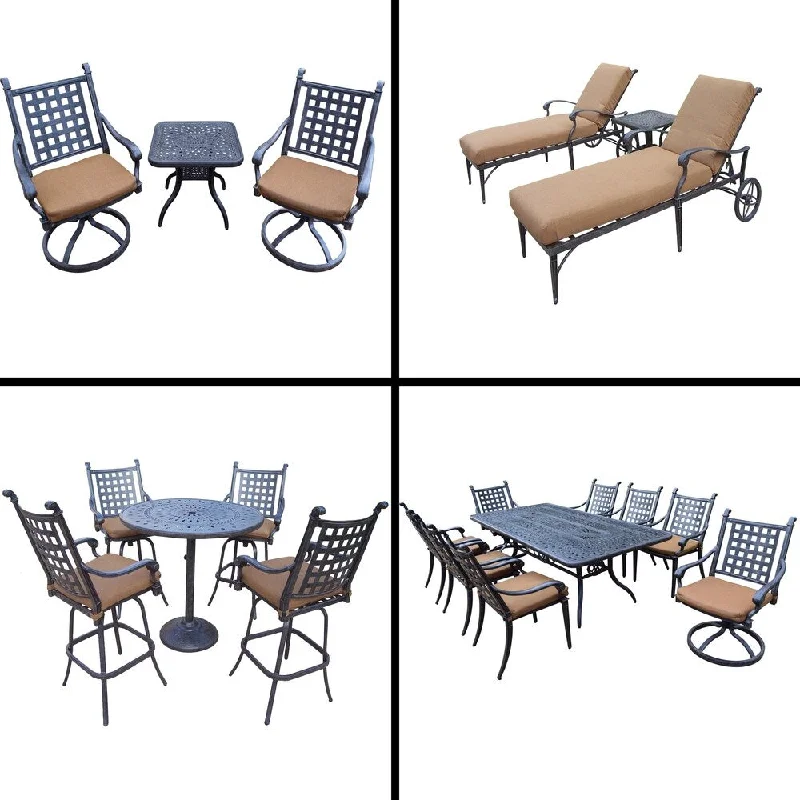 Rustic wooden table runners-Premier Sunbrella Cushioned Set with 5 Pc Bar Set, 9 Pc Dining Set, 3 Pc Chaise Lounge Set and 3 Pc Swivel Rocker Chat Set