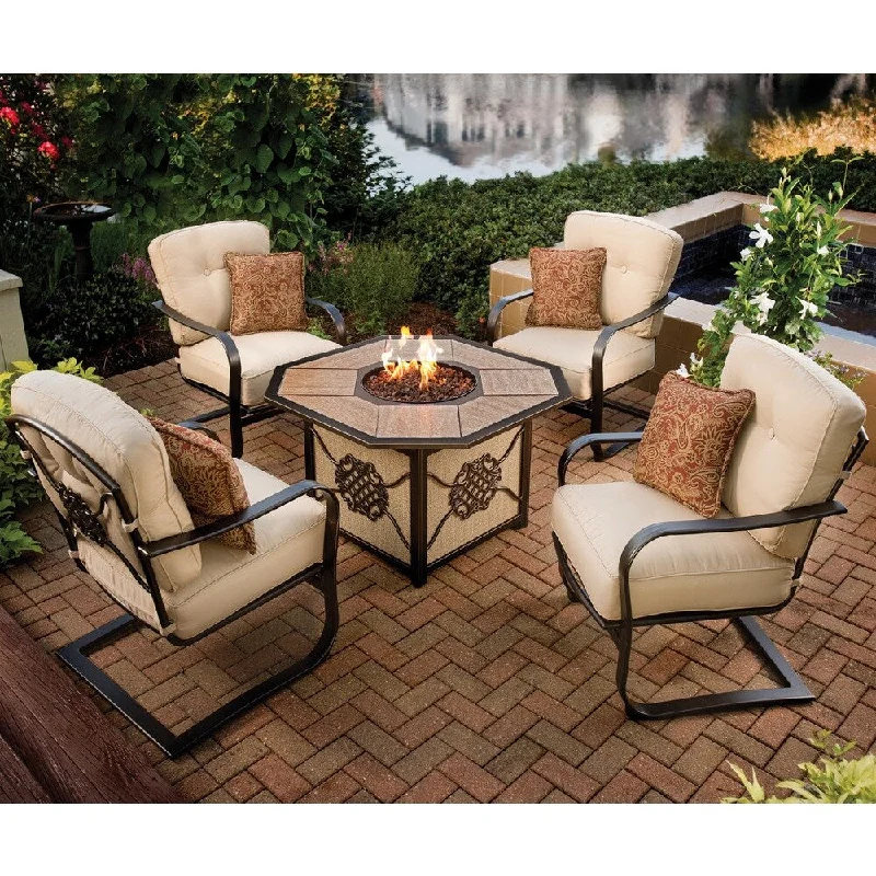 Stylish bamboo storage baskets-Premium Memorial 5-piece Porcelain Octagon Gas Firepit Table Chat Set with 4 Cushioned Chairs