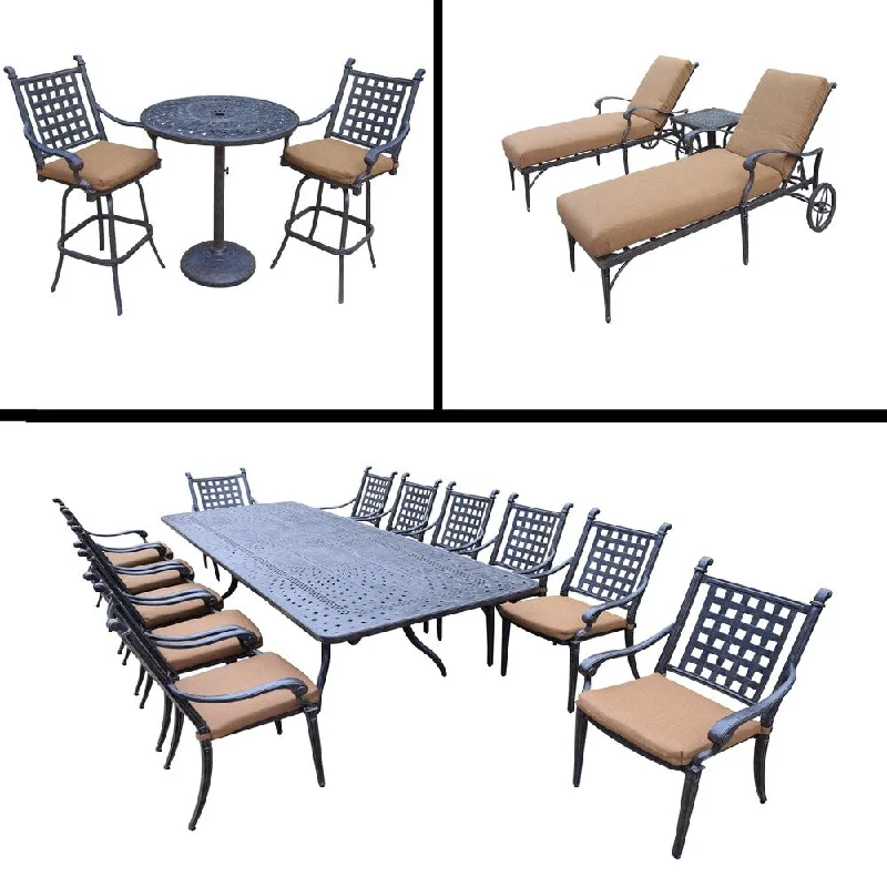 Rustic linen wall hangings-Sunbrella Cushioned Set includes 13 Pc Dining Set with Extendable Table & 12 Chairs, 3 Pc Bar Set and 3 Pc Chaise Lounge Set