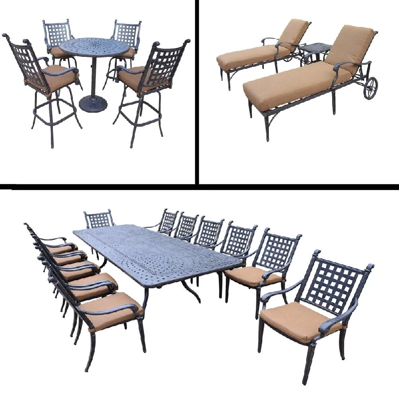 Sleek acrylic accent vases-Sunbrella Cushioned Set includes 13 Pc Dining Set with Extendable Table and 12 Chairs, 5 Pc Bar Set and 3 Pc Chaise Lounge Set