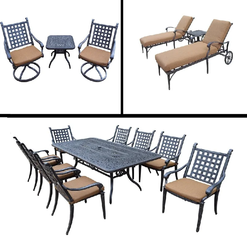 Minimalist knit blankets-Sunbrella Cushioned Set includes 9 Pc Dining Set with 8 Stackable Chairs, 3 Pc Chaise Lounge Set and 3 Pc Swivel Rocker Chat Set