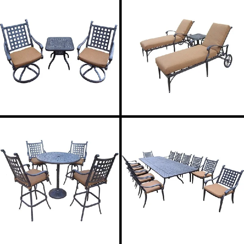 Elegant bronze plant pots-Sunbrella Cushioned Set with 13 Pc Dining Set, Extendable Table, 5 Pc Bar Set, 3 Pc Chaise Lounge Set and 3 Pc Swivel Rocker Set