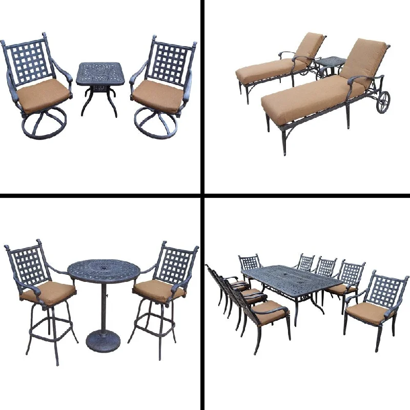 Sleek abstract wall prints-Sunbrella Cushioned Set with 3 Pc Bar Set, 9 Pc Dining Set with 8 Chairs, 3 Pc Chaise Lounge Set and 3 Pc Swivel Rocker Set