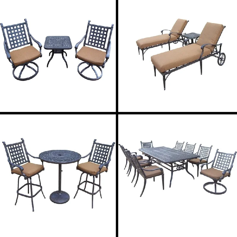 Sleek stainless wall decor-Sunbrella Cushioned Set with 3 Pc Bar Set, 9 Pc Dining Set with Extendable Table, 3 Pc Chaise Lounge and 3 Pc Swivel Rocker Set