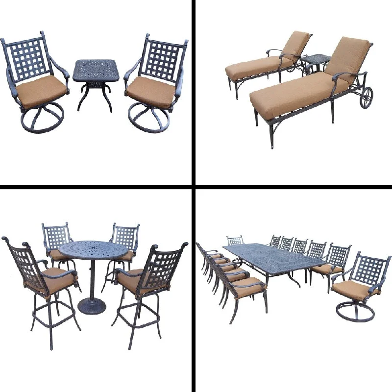 Elegant silver table coasters-Sunbrella Cushioned Set with 5 Pc Bar Set, 13 Pc Dining Set, Extendable Table, 3 Pc Chaise Lounge Set and 3 Pc Swivel Rocker Set