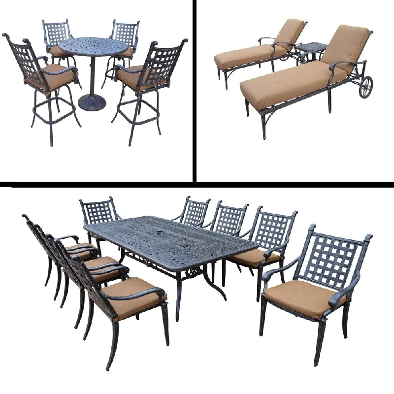 Elegant stone table coasters-Sunbrella Cushioned Set with 5 Pc Bar Set, 9 Pc Dining Set with Rectangular Table & 8 Stacking Chairs and 3 Pc Chaise Lounge Set