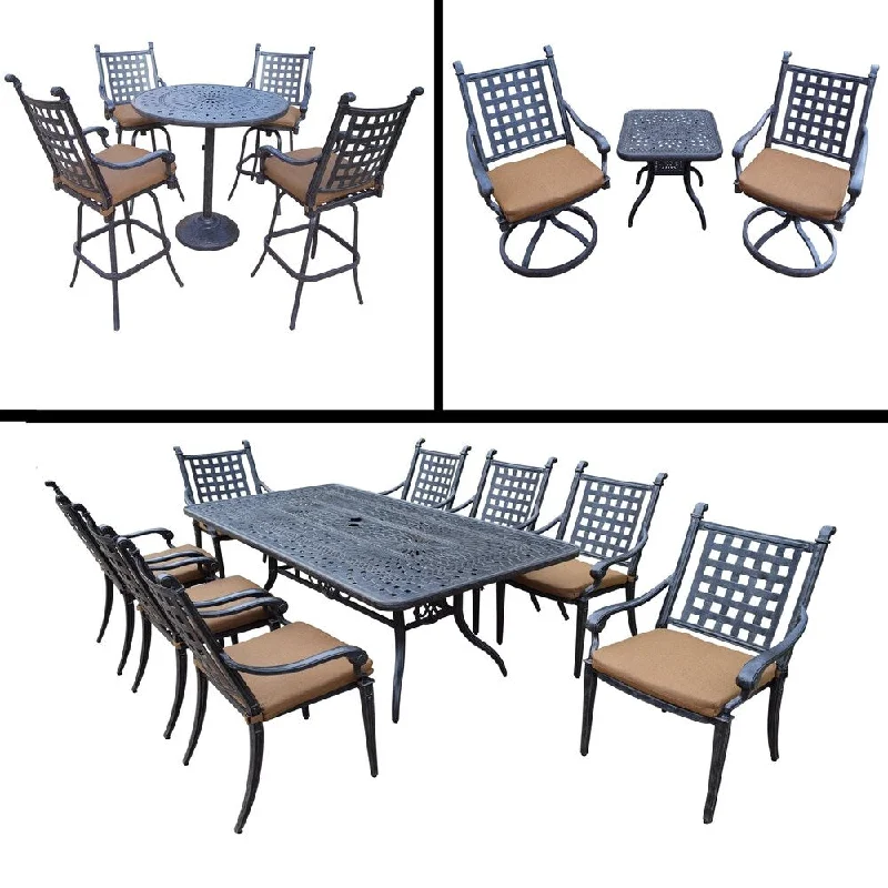 Bold blue wall mirrors-Sunbrella Cushioned Set with 5 Pc Bar Set, 9 Pc Dining Set with Rectangular Table & 8 Stacking Chairs and 3 Pc Swivel Rocker Set