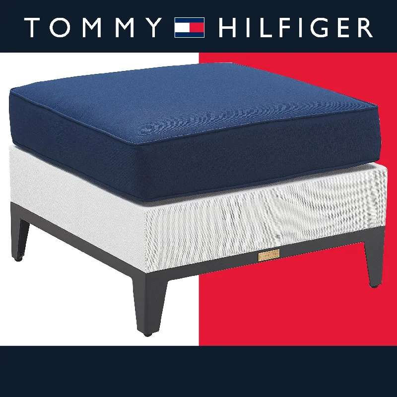 Modern circular wall mirrors-Tommy Hilfiger Hampton Outdoor Ottoman with Cushion, Coastal White and Navy