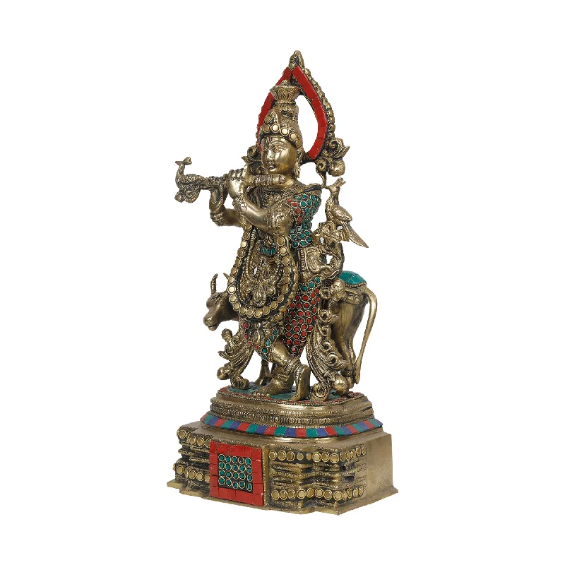 Retro woven wall tapestries-Brass Cow Krishna Statue